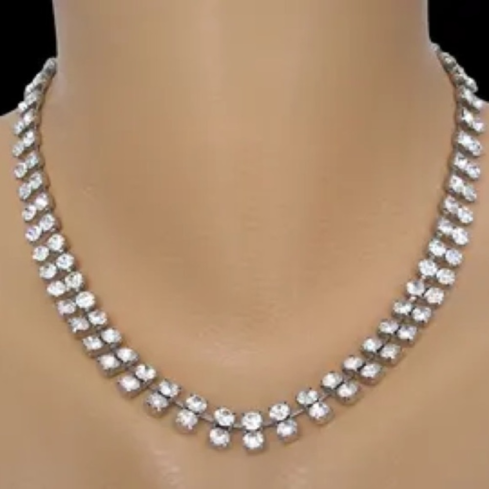 Vintage 16" Silver Tone And Double Row Rhinestone Choker Necklace